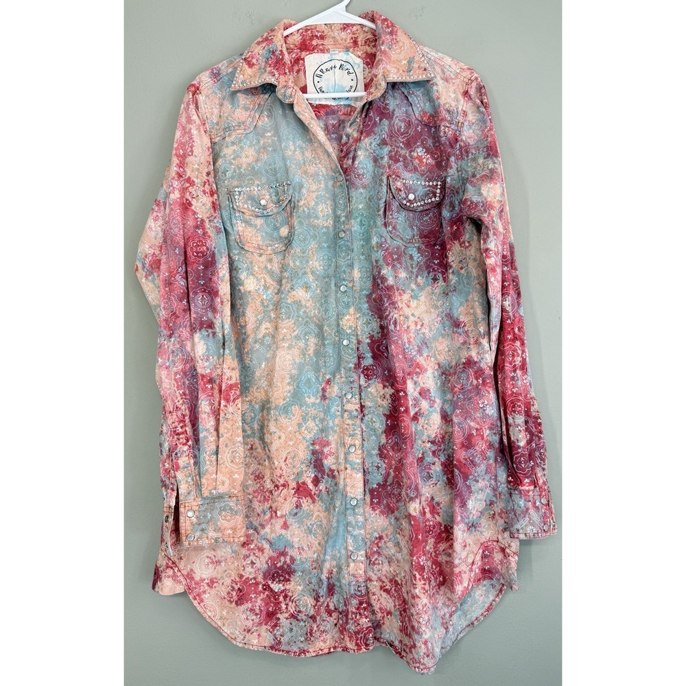 A Rare Bird Long Shirt Tunic Women's Small Pearl Snap Western Bandana Tie Dye